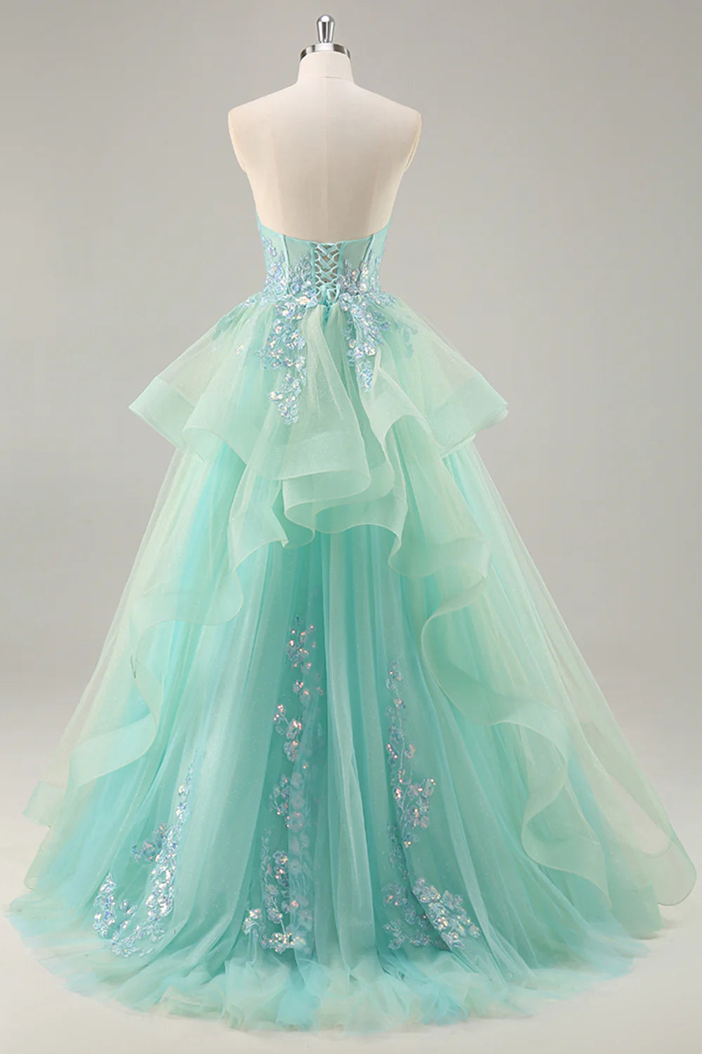 Green Tulle Sequin Deep V Neck Strapless A Line Corset Long Prom Dress With Floral Embroidery