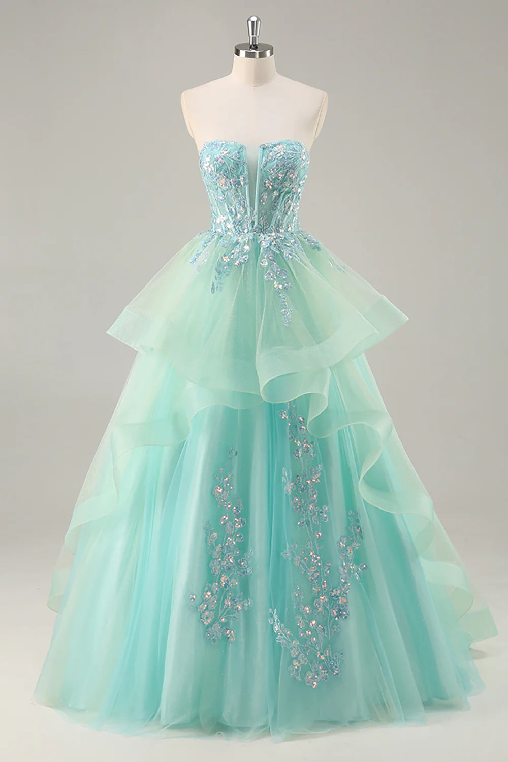 Green Tulle Sequin Deep V Neck Strapless A Line Corset Long Prom Dress With Floral Embroidery