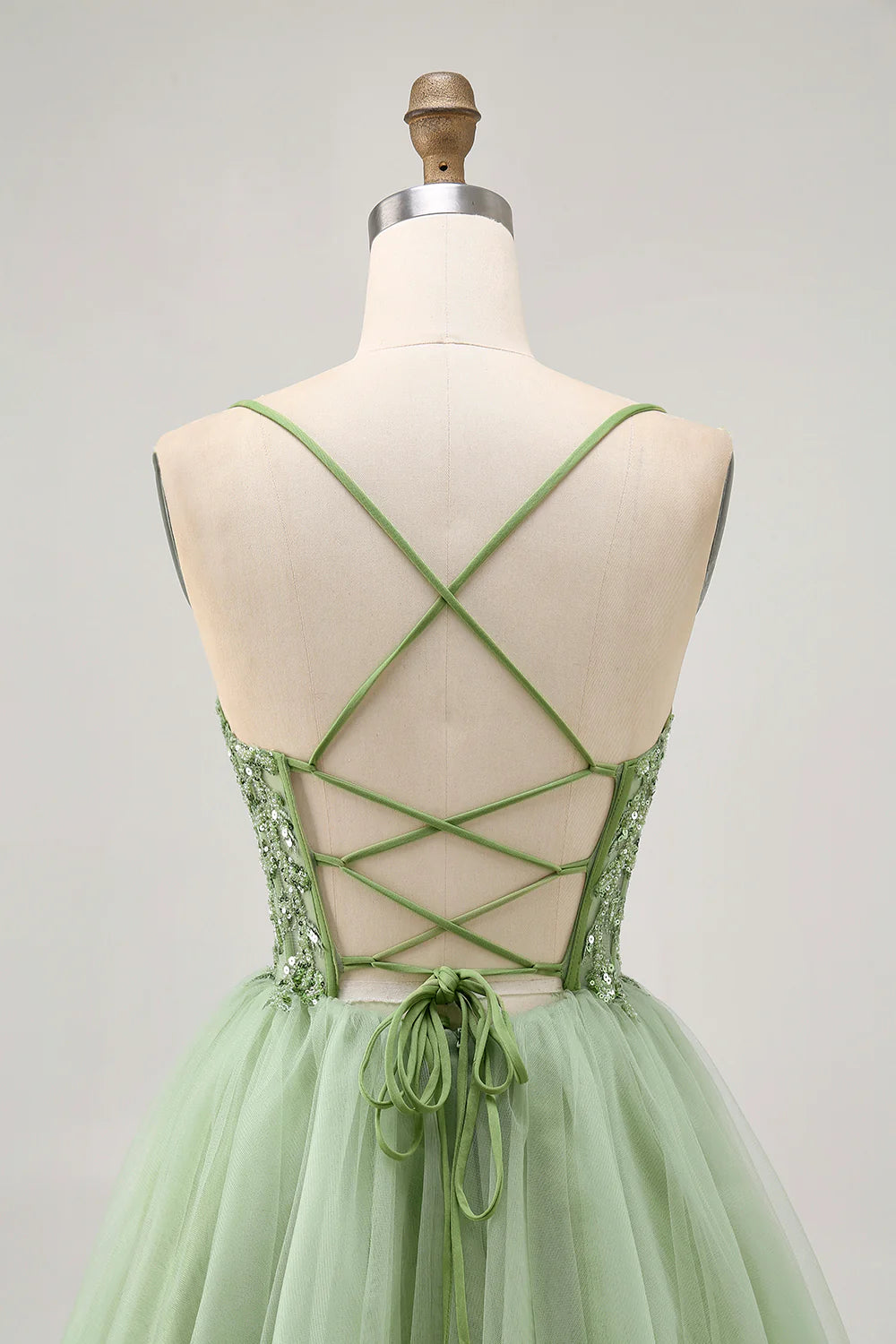 Green Tulle Sequins With Appliques A Line Spaghetti Straps Corset Short Homecoming Dress Party Dress