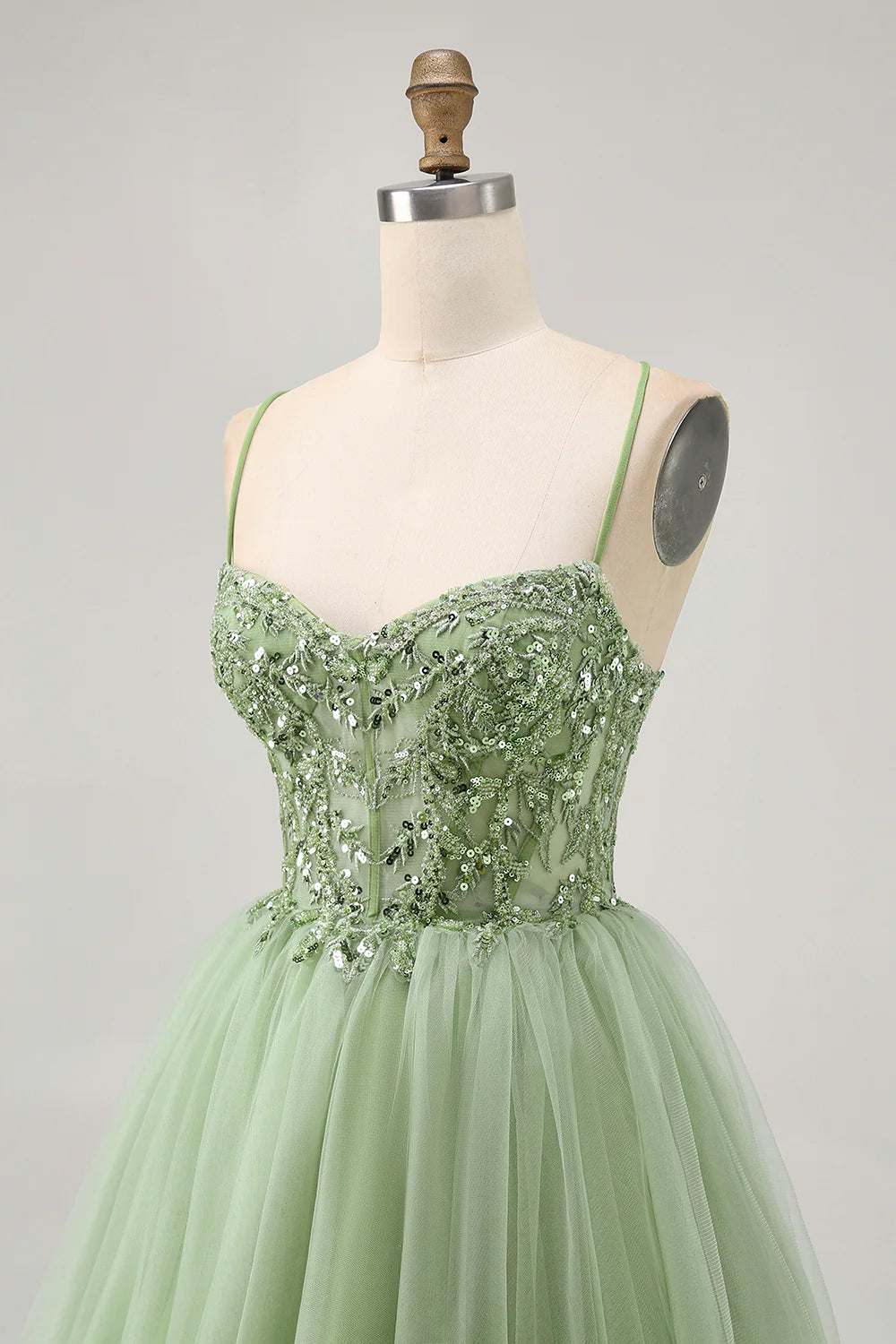 Green Tulle Sequins With Appliques A Line Spaghetti Straps Corset Short Homecoming Dress Party Dress