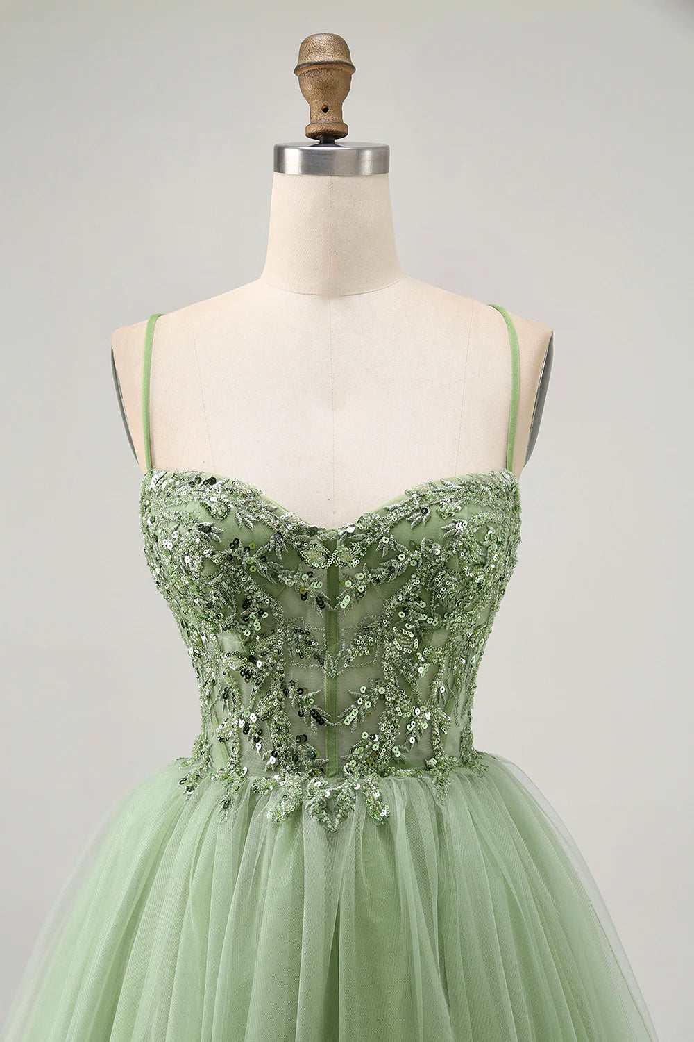 Green Tulle Sequins With Appliques A Line Spaghetti Straps Corset Short Homecoming Dress Party Dress