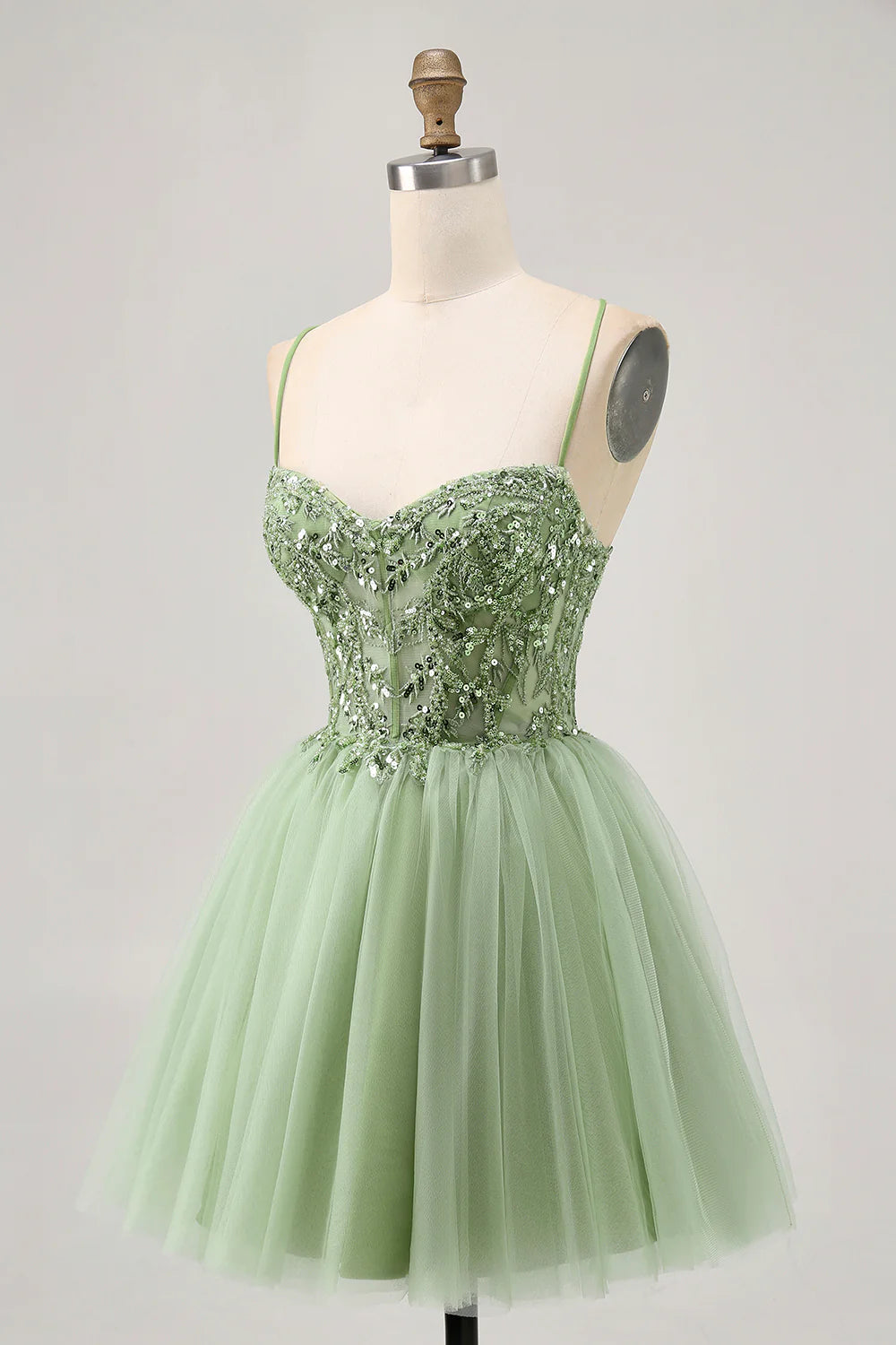 Green Tulle Sequins With Appliques A Line Spaghetti Straps Corset Short Homecoming Dress Party Dress