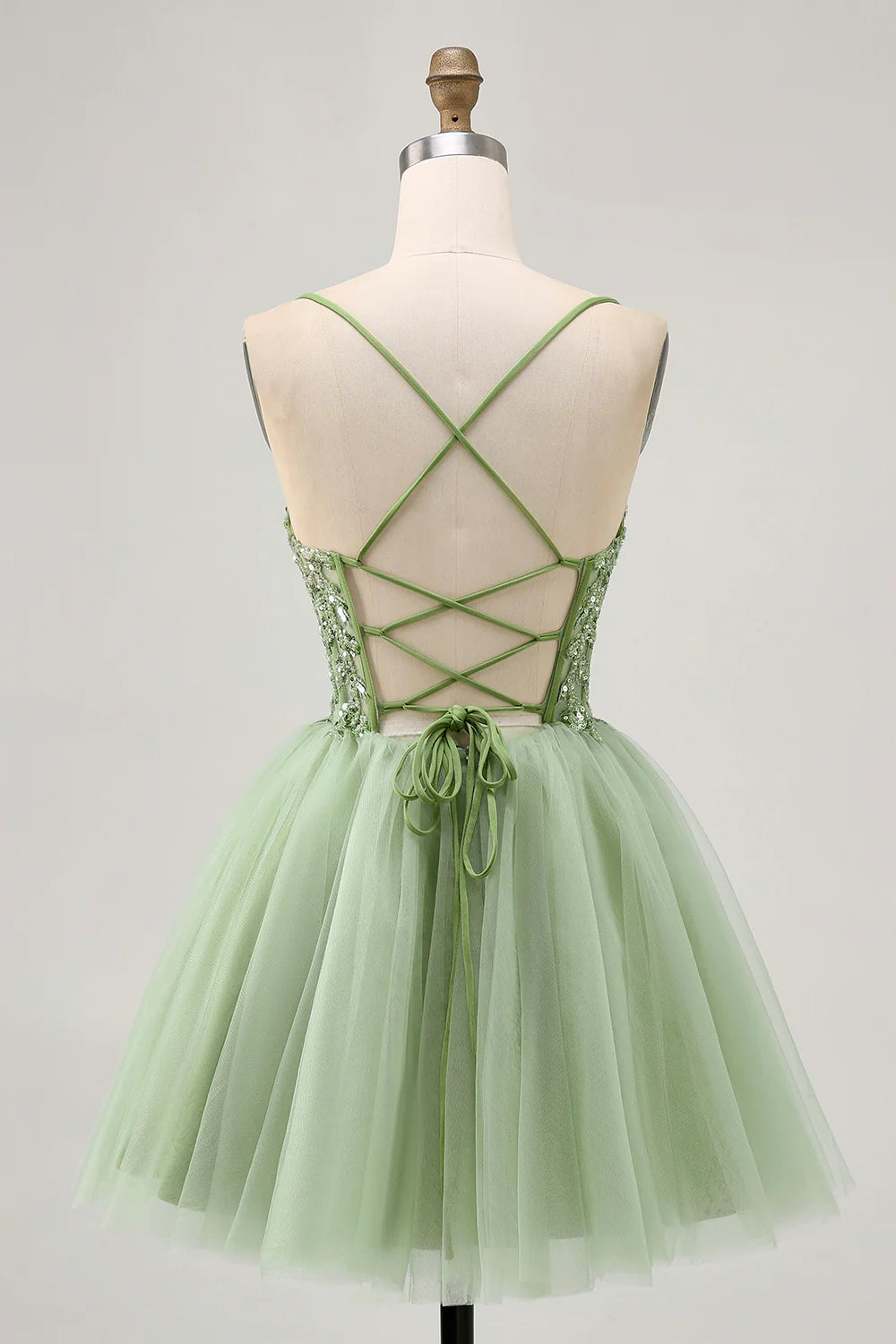 Green Tulle Sequins With Appliques A Line Spaghetti Straps Corset Short Homecoming Dress Party Dress