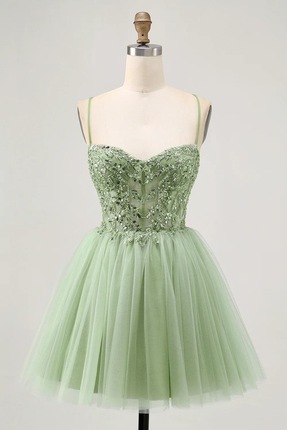 Green Tulle Sequins With Appliques A Line Spaghetti Straps Corset Short Homecoming Dress Party Dress