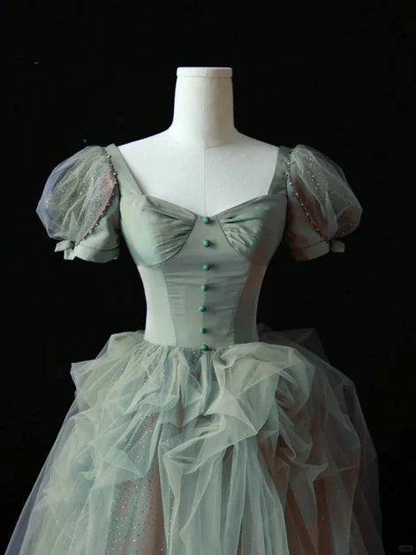 Green Tulle Short Sleeves A-line With Beaded Long Party Dress Formal Dress Evening Dress