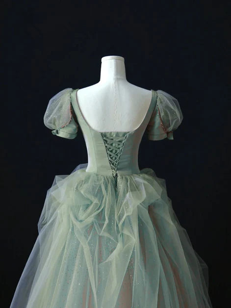 Green Tulle Short Sleeves A-line With Beaded Long Party Dress Formal Dress Evening Dress