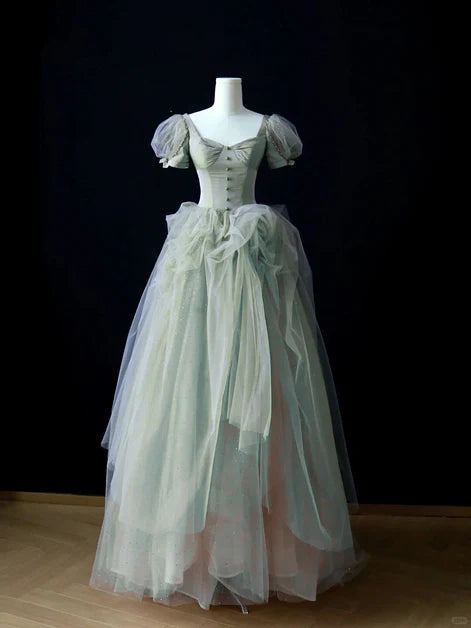 Green Tulle Short Sleeves A-line With Beaded Long Party Dress Formal Dress Evening Dress