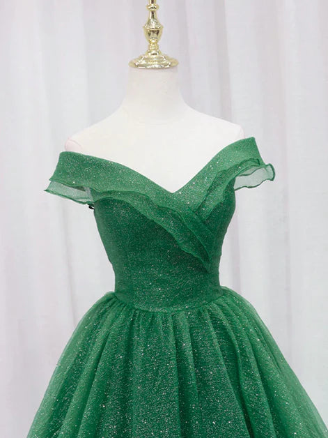 Green Tulle Short sleeve Off Shoulder A-line Prom Dress Evening Dress