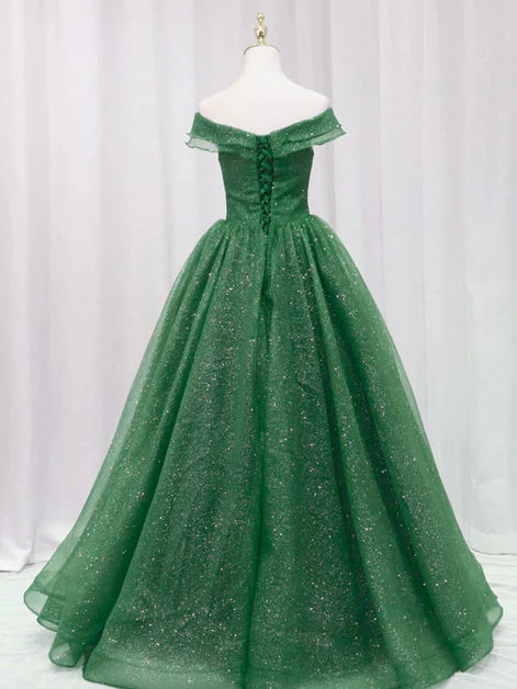 Green Tulle Short sleeve Off Shoulder A-line Prom Dress Evening Dress