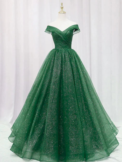 Green Tulle Short sleeve Off Shoulder A-line Prom Dress Evening Dress