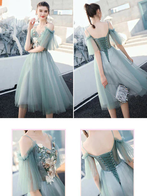 Green Tulle Spaghetti straps V-neckline Floral Knee Length Party Dress Homecoming Dress