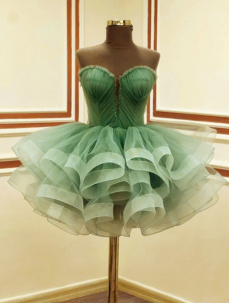 Green Tulle Strapless A Line Short Lace Up Prom Dress Birthday Party Dress Homecoming Dress