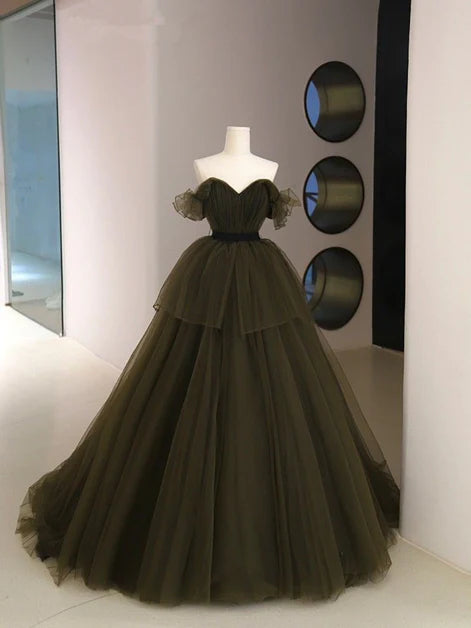 Green Tulle Tiered Off Shoulder Pleated Ball Gown Formal Dress Evening Dress