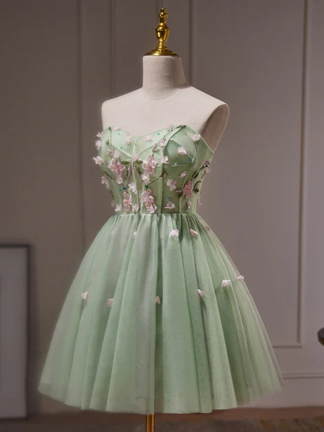 Green Tulle With Applique Off Shoulder Short Party Dress Homecoming Dress