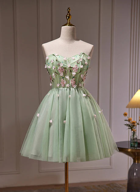 Green Tulle With Applique Off Shoulder Short Party Dress Homecoming Dress