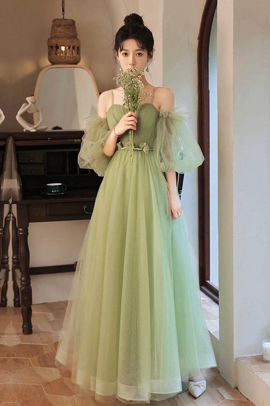 Green Tulle With Beaded Spaghetti Straps A-Line Long Party Dress Party Dress
