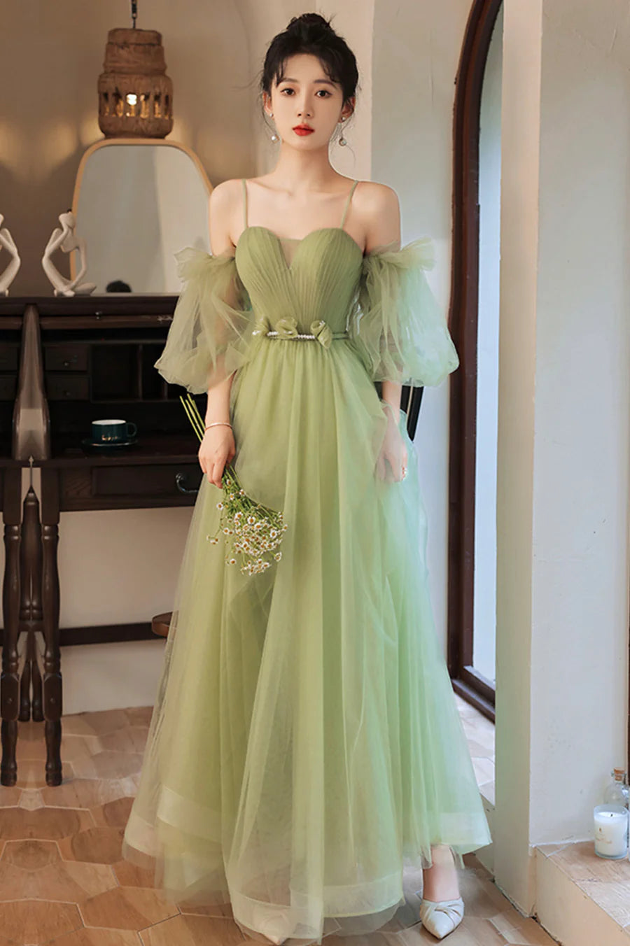 Green Tulle With Beaded Spaghetti Straps A-Line Long Party Dress Party Dress