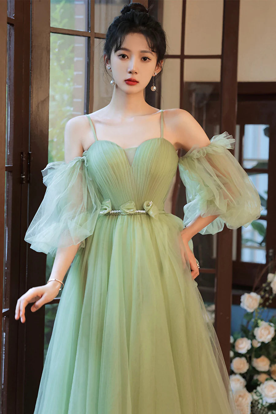 Green Tulle With Beaded Spaghetti Straps A-Line Long Party Dress Party Dress