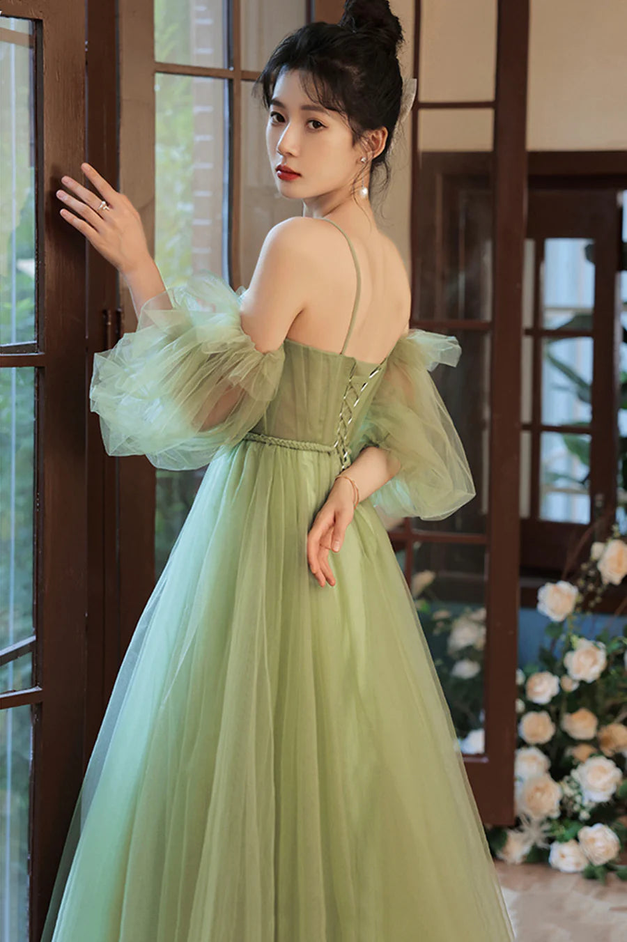 Green Tulle With Beaded Spaghetti Straps A-Line Long Party Dress Party Dress