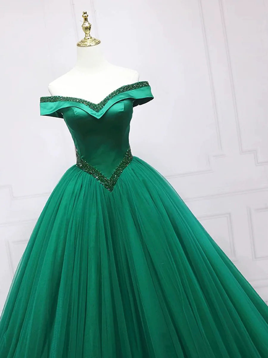 Green Tulle With Beaded Sweetheart Neck Off the Shoulder Long Prom Dress Party Dress