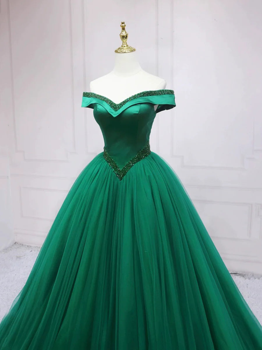 Green Tulle With Beaded Sweetheart Neck Off the Shoulder Long Prom Dress Party Dress