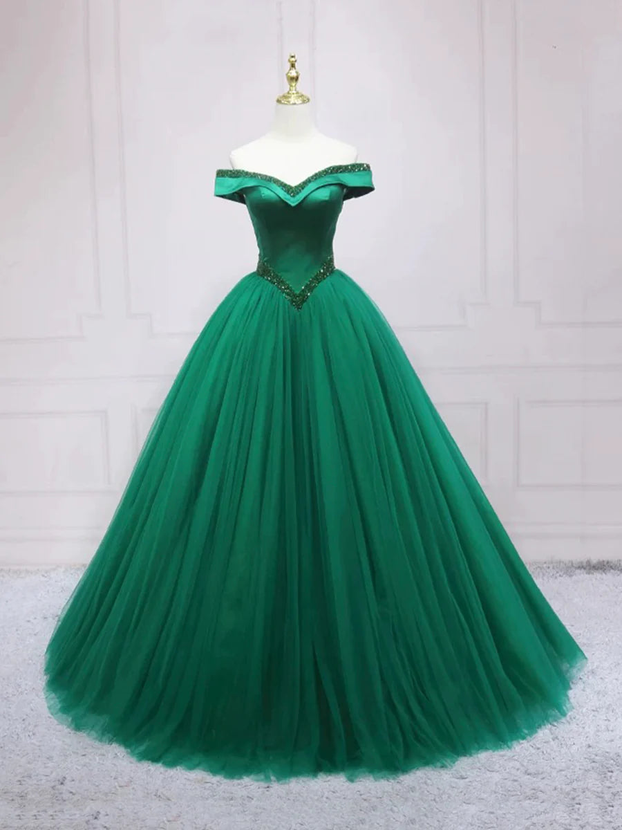 Green Tulle With Beaded Sweetheart Neck Off the Shoulder Long Prom Dress Party Dress