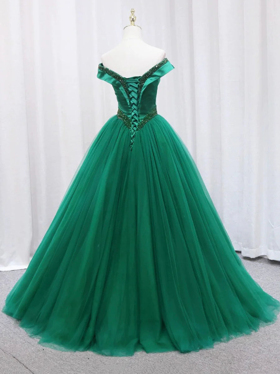 Green Tulle With Beaded Sweetheart Neck Off the Shoulder Long Prom Dress Party Dress