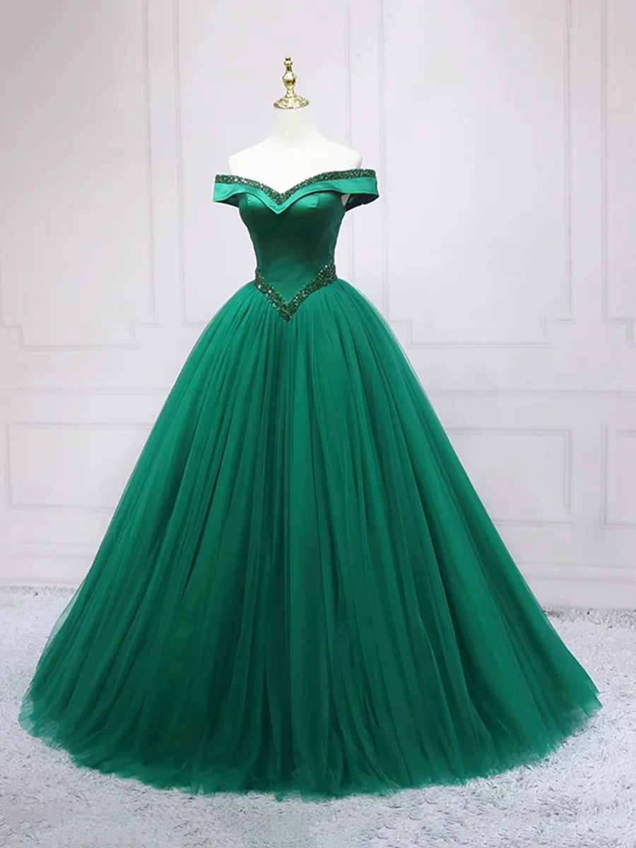 Green Tulle With Beaded Sweetheart Neck Off the Shoulder Long Prom Dress Party Dress