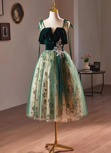 Green Tulle with Lace Spaghetti straps Short A-line Prom Dress Homecoming Dress