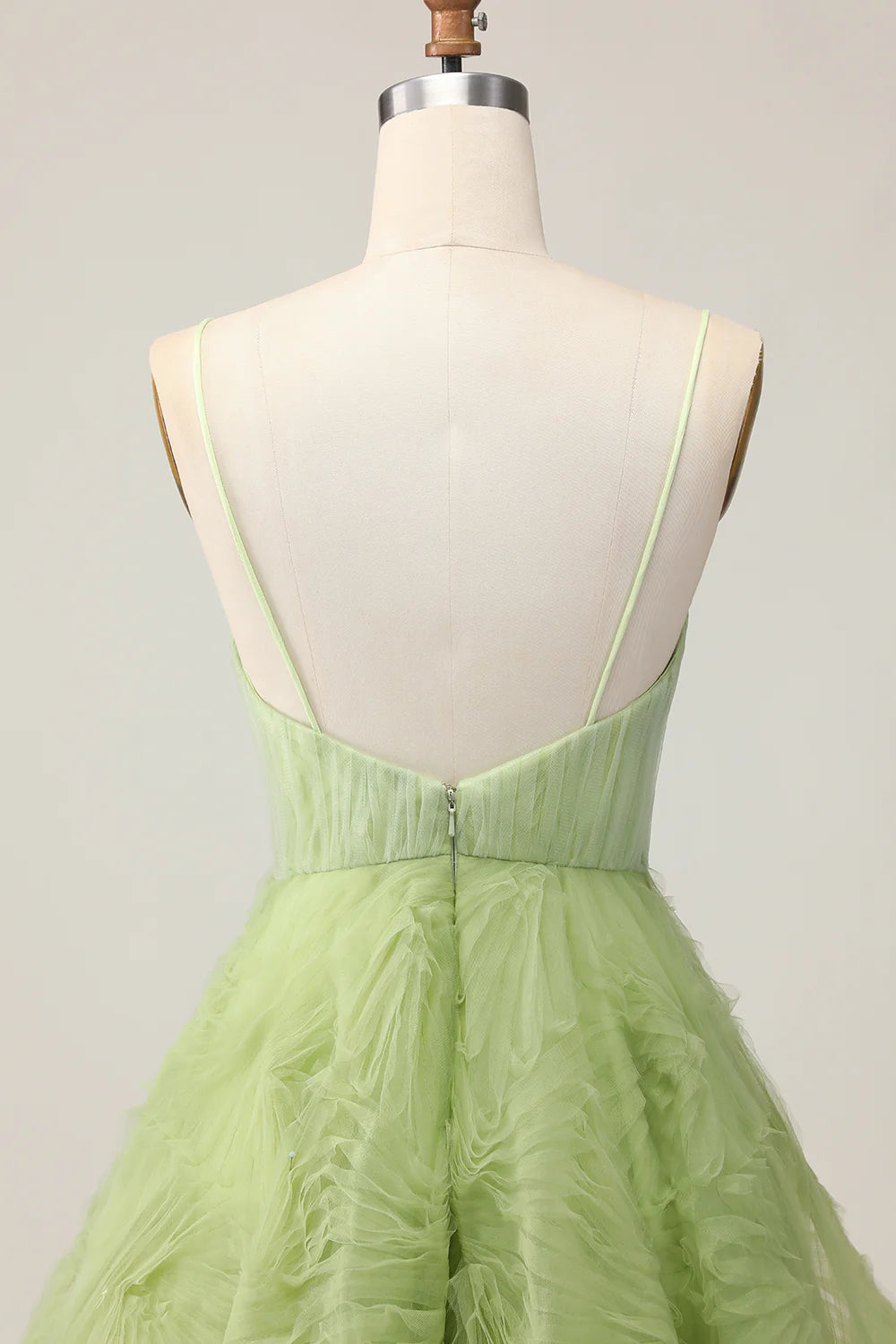 Green V Neck Spaghetti Straps A Line Ruched Short Homecoming Party Dress With Open Back