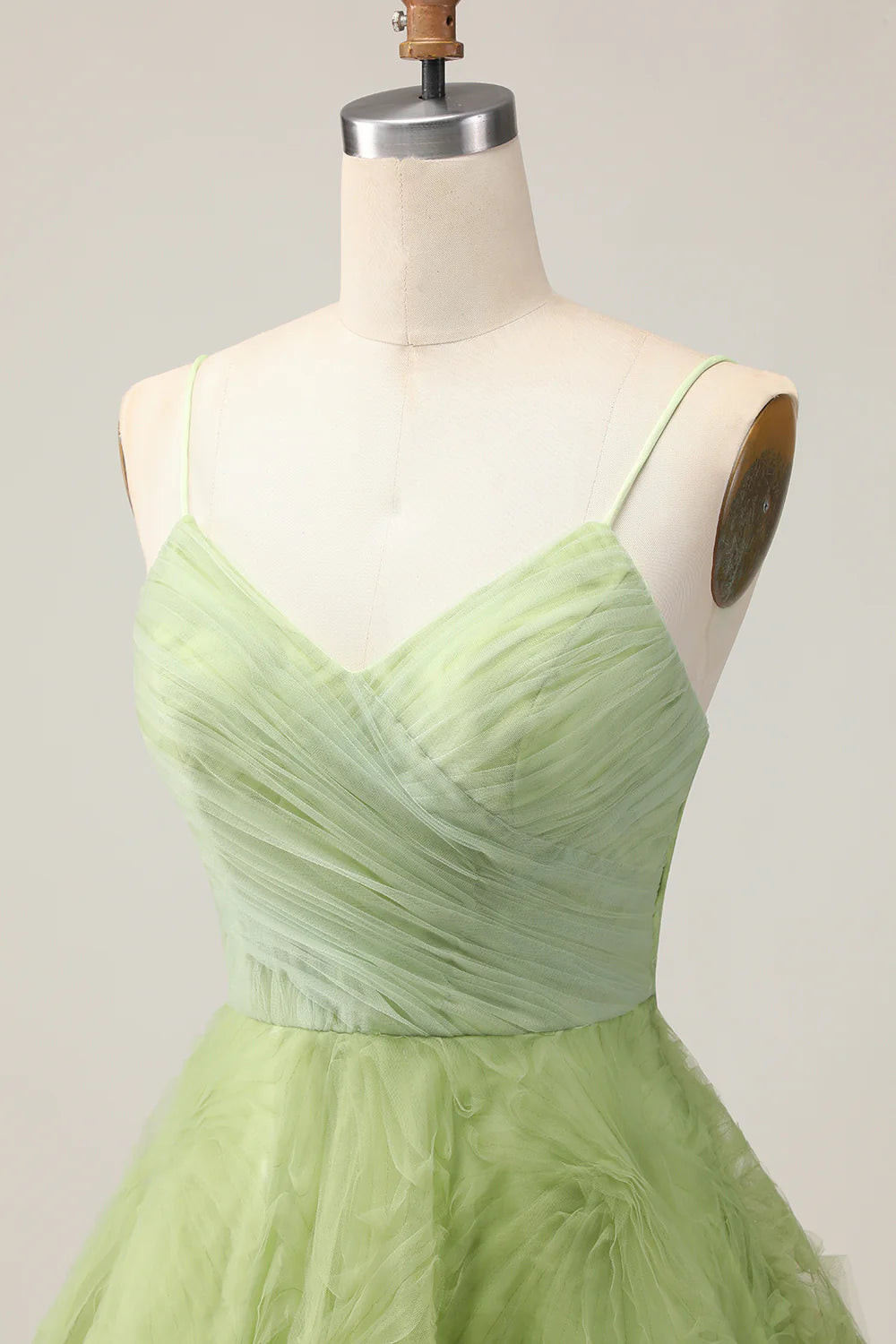 Green V Neck Spaghetti Straps A Line Ruched Short Homecoming Party Dress With Open Back