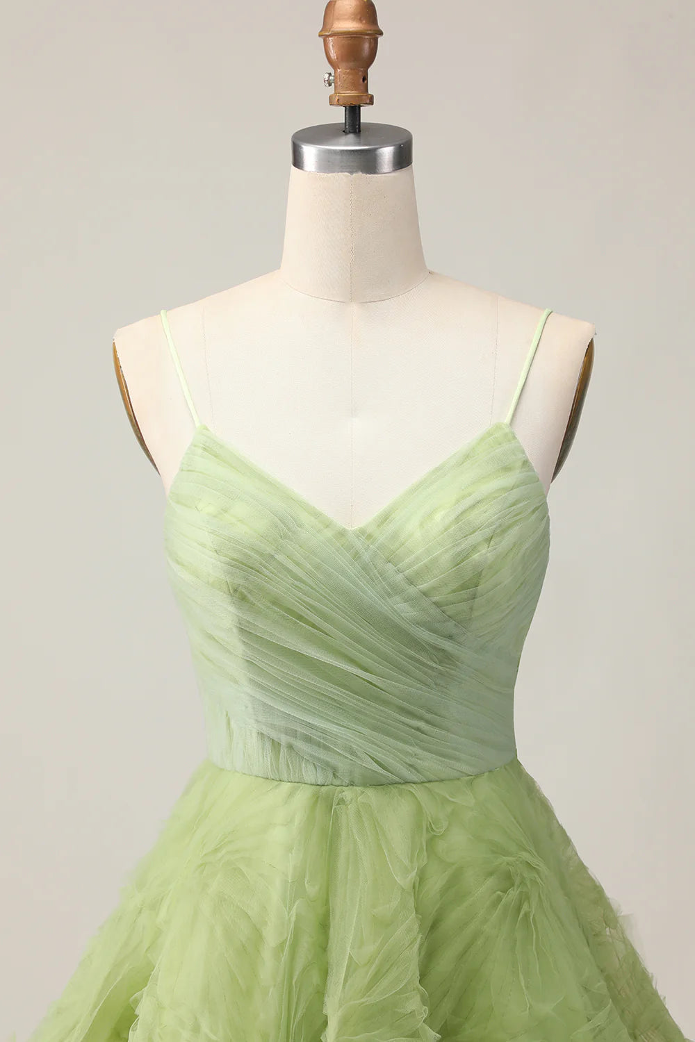Green V Neck Spaghetti Straps A Line Ruched Short Homecoming Party Dress With Open Back