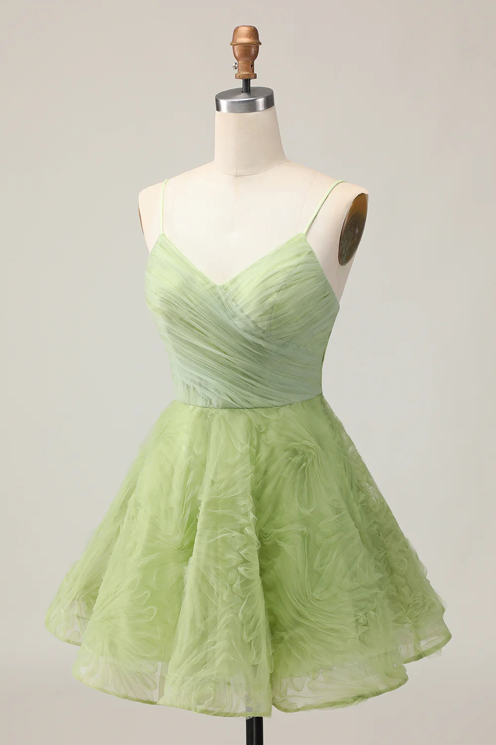 Green V Neck Spaghetti Straps A Line Ruched Short Homecoming Party Dress With Open Back