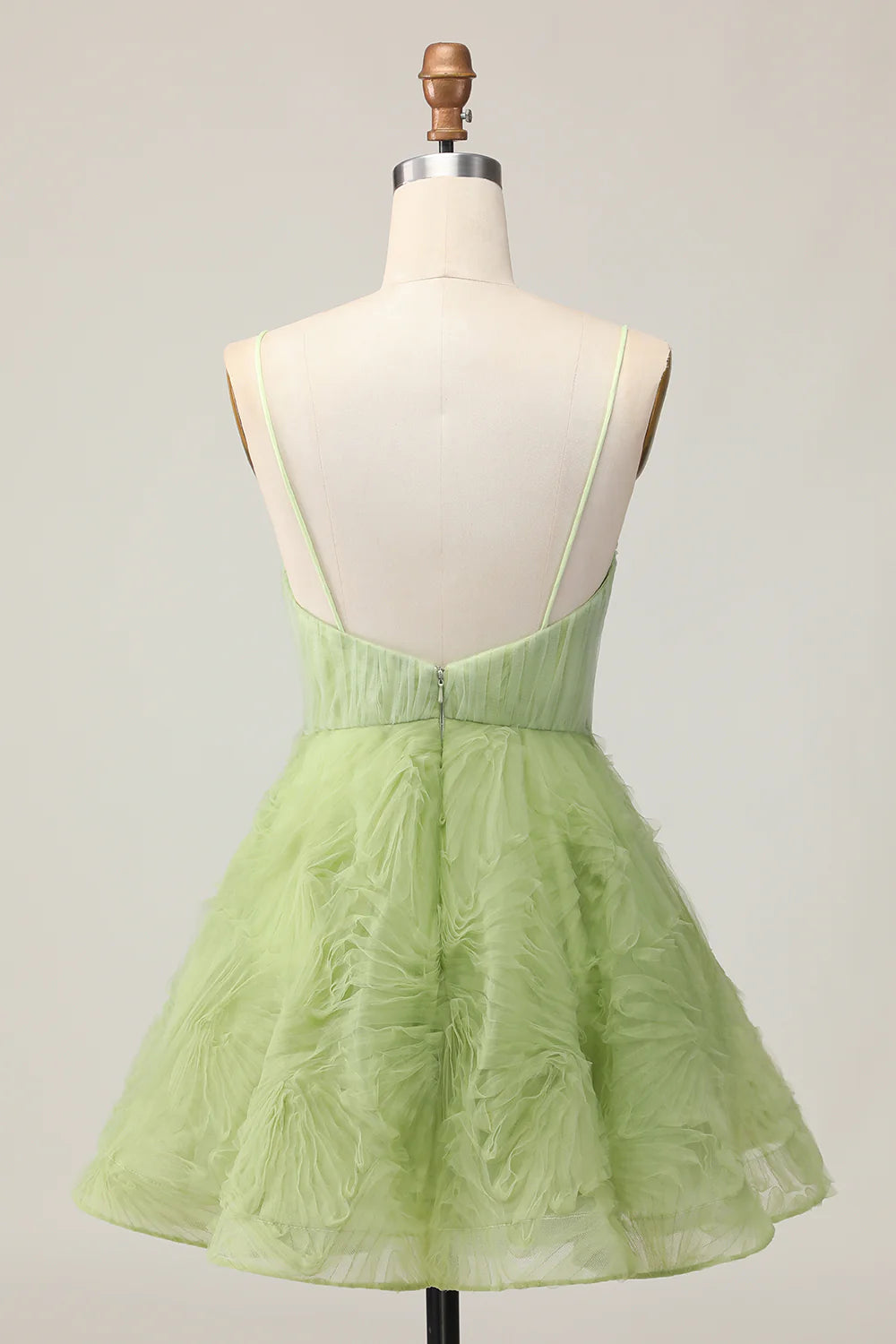 Green V Neck Spaghetti Straps A Line Ruched Short Homecoming Party Dress With Open Back
