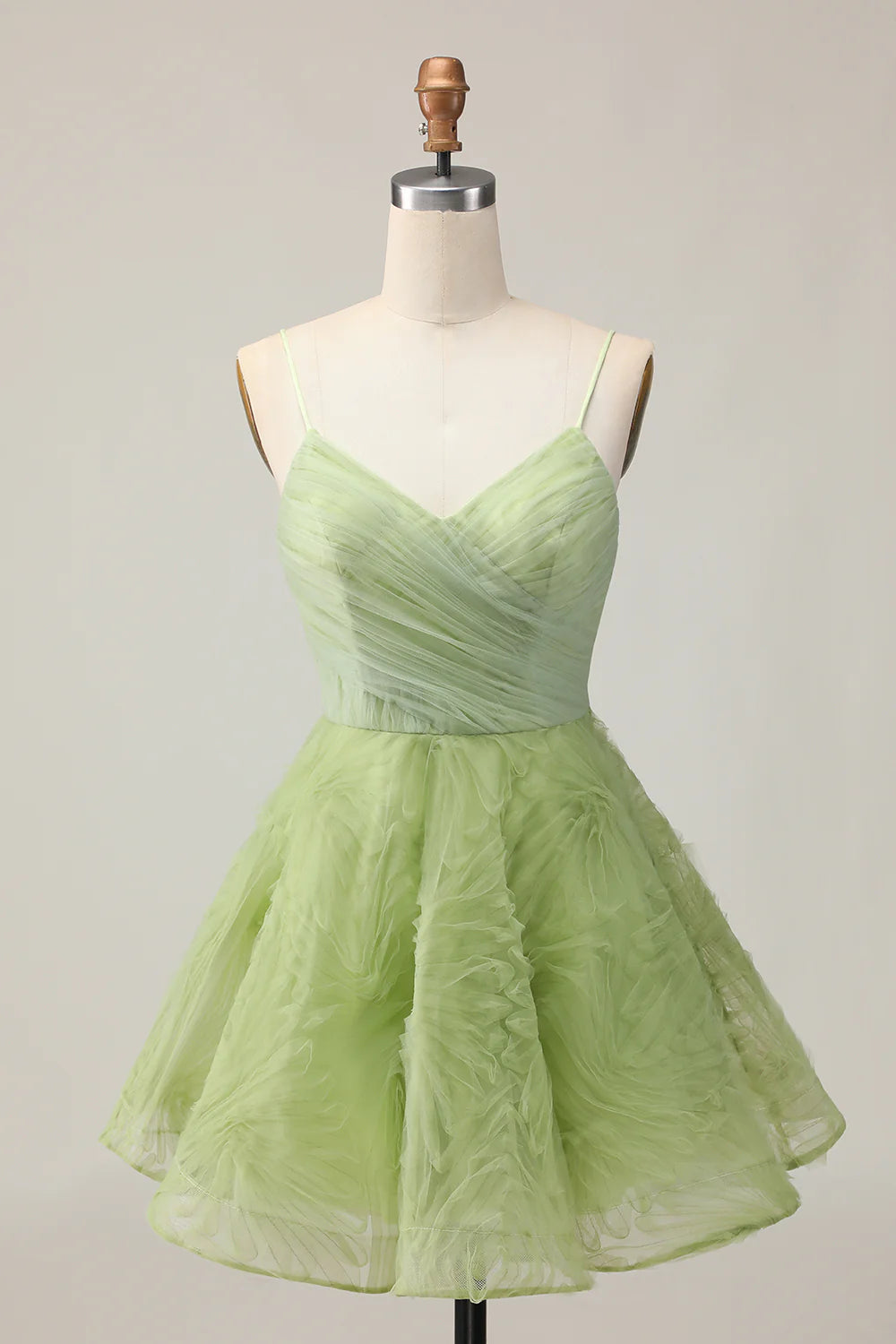 Green V Neck Spaghetti Straps A Line Ruched Short Homecoming Party Dress With Open Back
