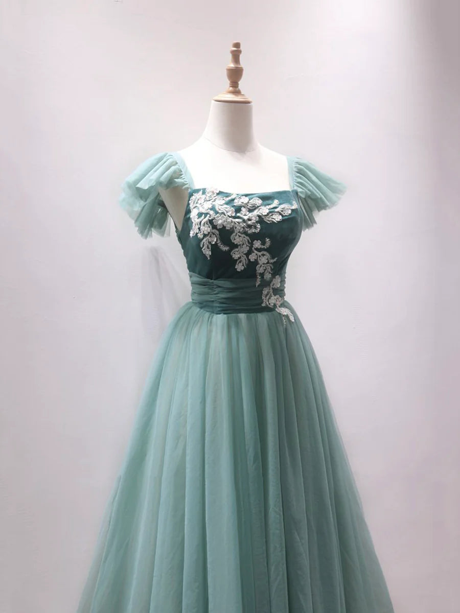 Green Velvet Tulle Lace Cap sleeves Applique Tea Length Cute A-Line Homecoming Party Dress