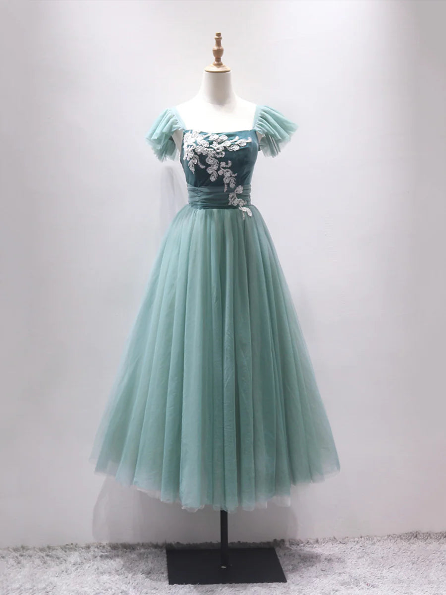 Green Velvet Tulle Lace Cap sleeves Applique Tea Length Cute A-Line Homecoming Party Dress