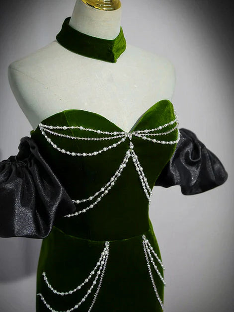 Green Velvet With Beaded Off Shoulder Mermaid Party Dress Prom Dress