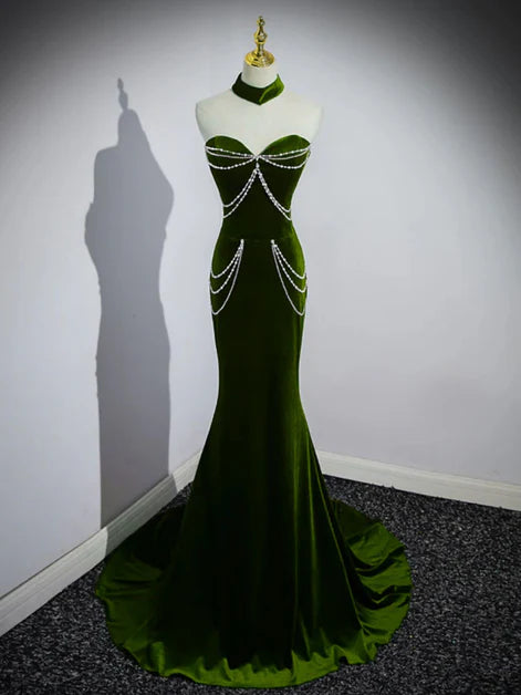 Green Velvet With Beaded Off Shoulder Mermaid Party Dress Prom Dress