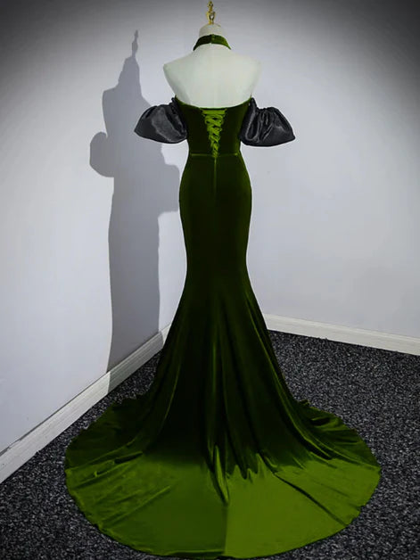 Green Velvet With Beaded Off Shoulder Mermaid Party Dress Prom Dress