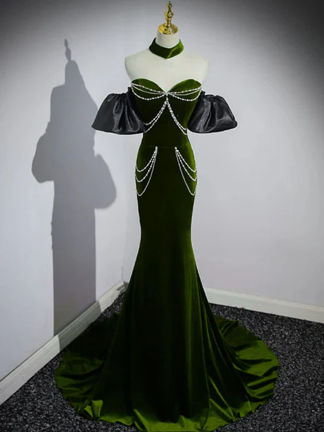Green Velvet With Beaded Off Shoulder Mermaid Party Dress Prom Dress