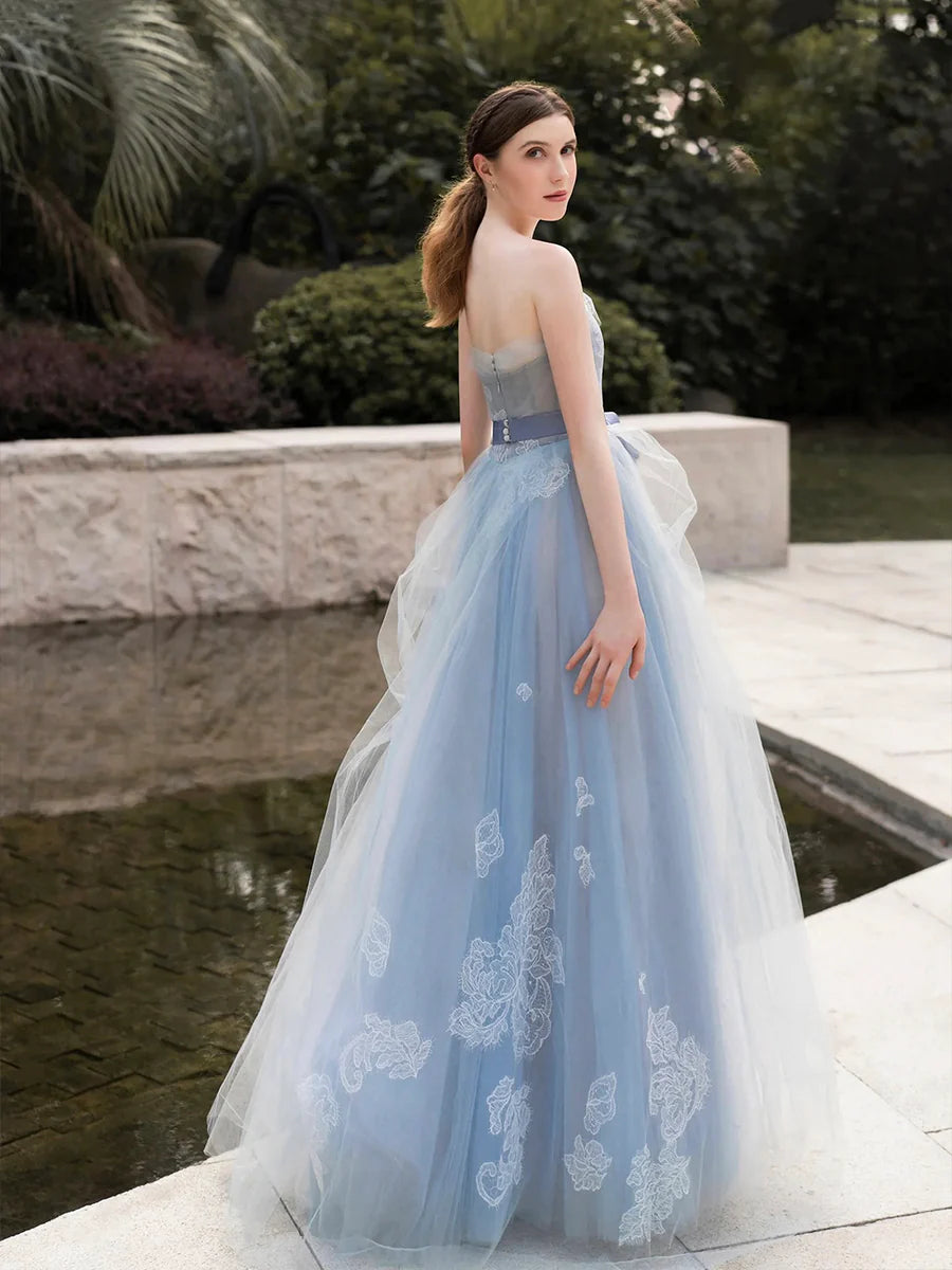 Grey-Blue Tulle Lace Printing Strapless A-Line Long Prom Dress Evening Party Dress