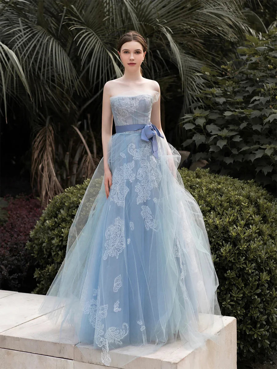Grey-Blue Tulle Lace Printing Strapless A-Line Long Prom Dress Evening Party Dress