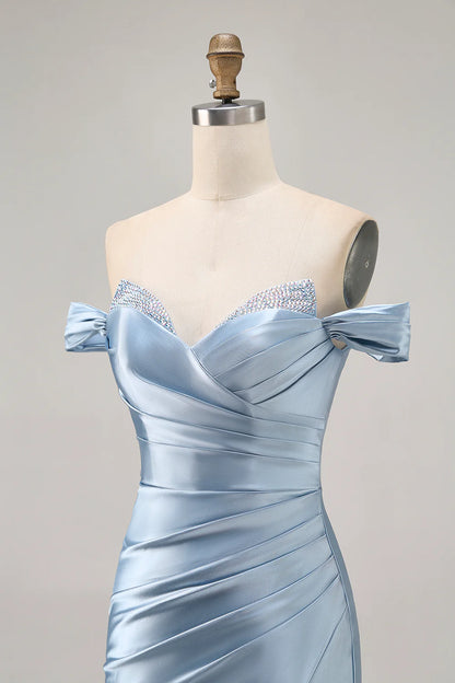Grey Blue Satin Off The Shoulder Ruched Bodycon Slit Homecoming Dress Grey Blue Short Party Dress
