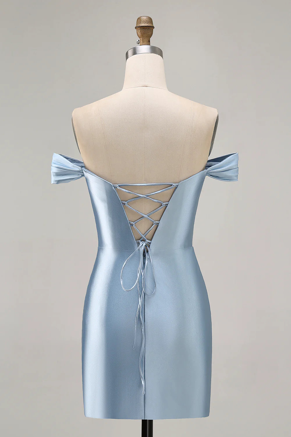 Grey Blue Satin Off The Shoulder Ruched Bodycon Slit Homecoming Dress Grey Blue Short Party Dress