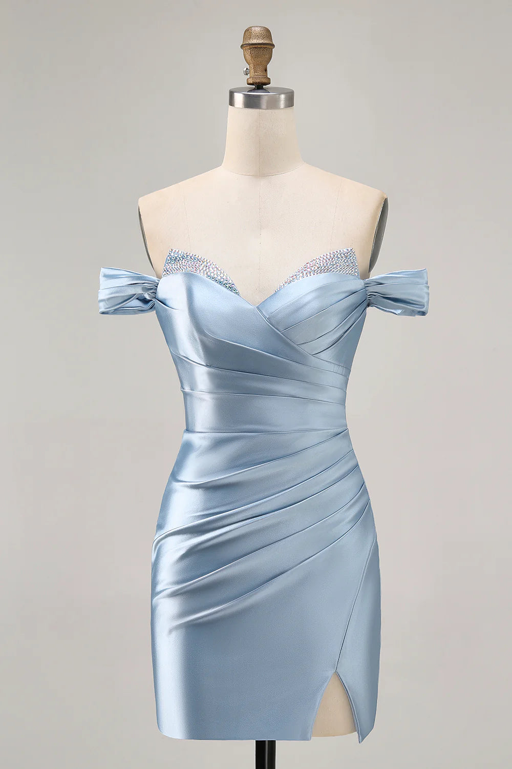 Grey Blue Satin Off The Shoulder Ruched Bodycon Slit Homecoming Dress Grey Blue Short Party Dress