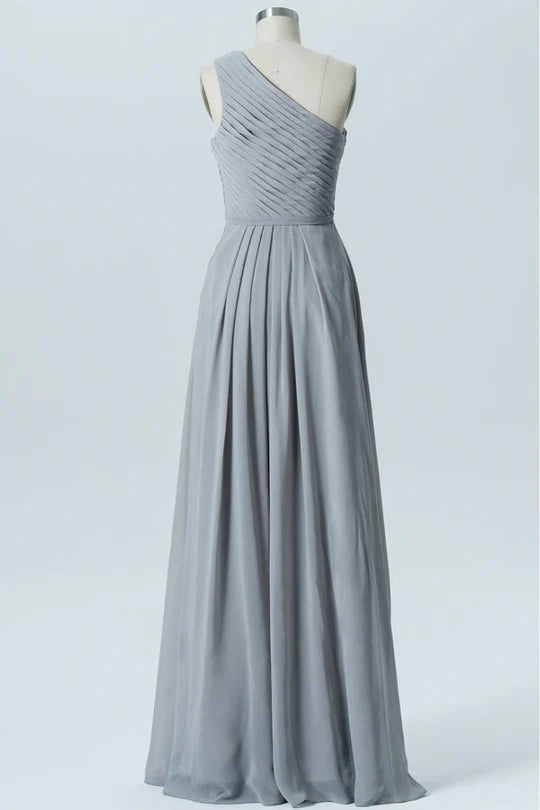 Grey Chiffon Pleated One-Shoulder Full Length Bridesmaid Dress Grey Evening Dress