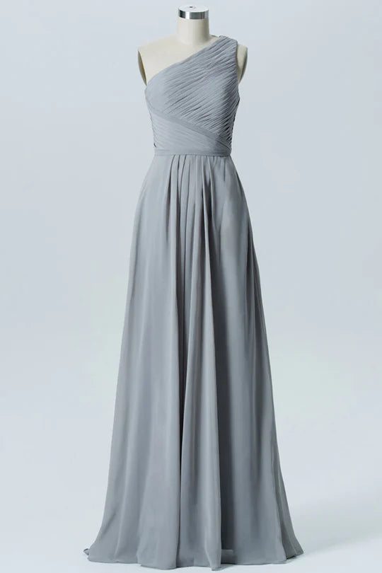 Grey Chiffon Pleated One-Shoulder Full Length Bridesmaid Dress Grey Evening Dress