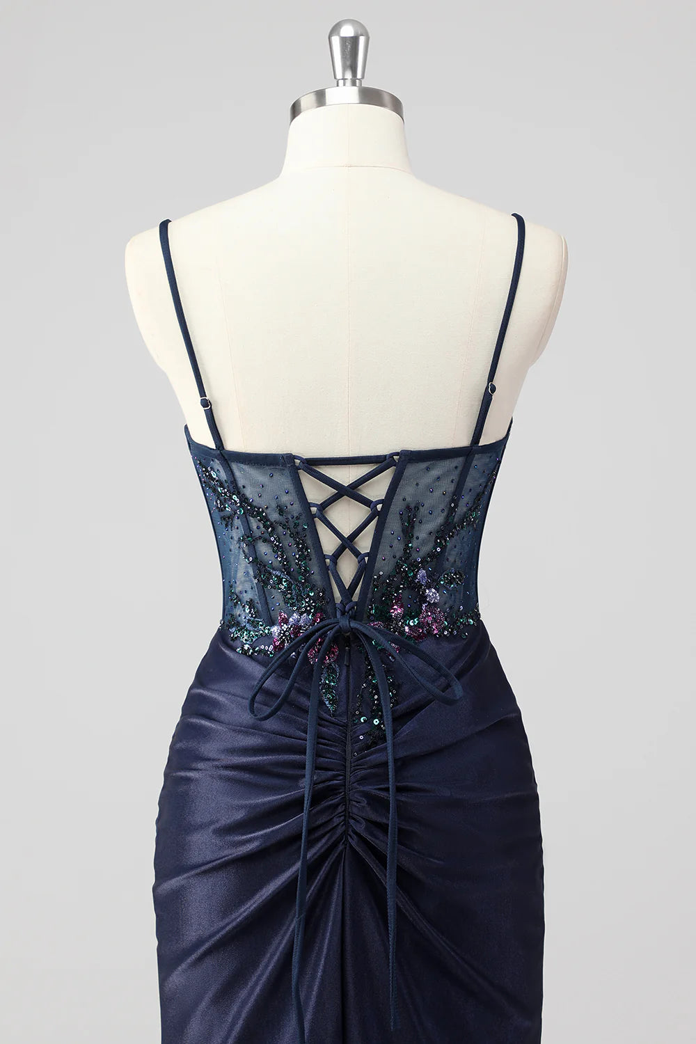 Grey Green Polyester Sequin Mermaid Strapless Corset Ruched Long Prom Dress with Slit