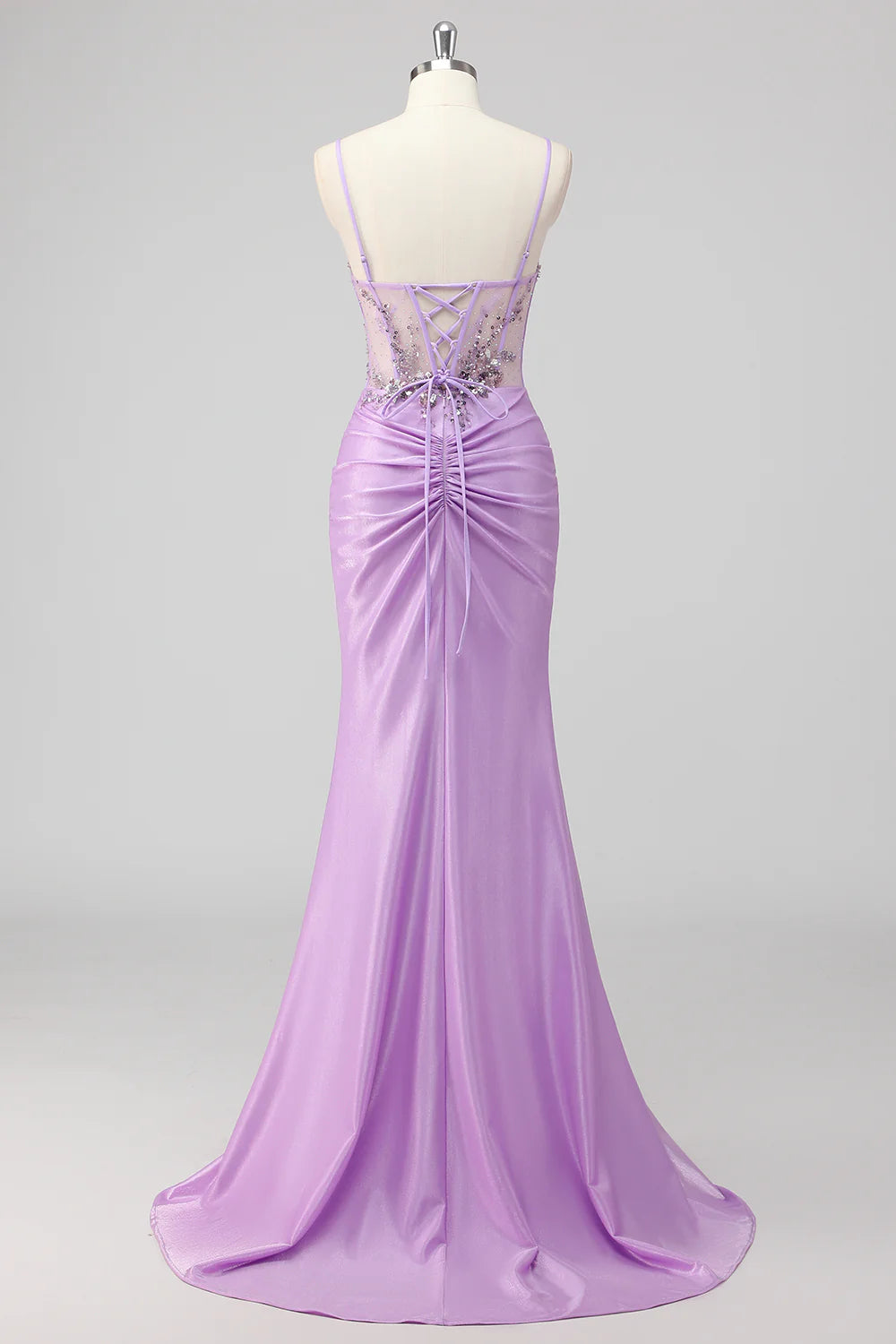 Grey Green Polyester Sequin Mermaid Strapless Corset Ruched Long Prom Dress with Slit